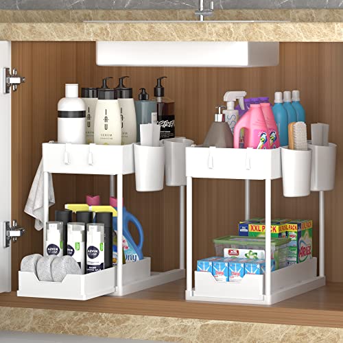 SUPPNEED 2-Tier Under Sink Organizer and Storage,Sliding Under Bathroom Cabinet Storage Drawer Organizer with Hooks, Hanging Cups, Multi-purpose Under Sink Shelf Organizer, White, 2 Pack