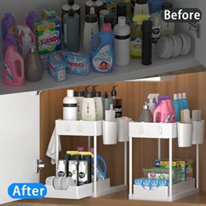 SUPPNEED 2-Tier Under Sink Organizer and Storage,Sliding Under Bathroom Cabinet Storage Drawer Organizer with Hooks, Hanging Cups, Multi-purpose Under Sink Shelf Organizer, White, 2 Pack