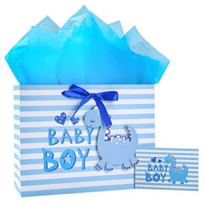 loveinside baby boy gift bag blue dinosaur design with tissue paper and greeting card for baby shower, new parents, and more - 13" x 10" x 5", 1 pcs