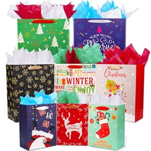 24 pcs christmas gift bags assorted sizes with tissue paper, includes 6 extra large, 9 large, 9 medium with ribbon handles, gift bags christmas for wrapping holiday gifts, holiday present wrap décor