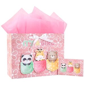 loveinside baby girl gift bag pink animal design with tissue paper and greeting card for baby shower, new parents, and more - 13" x 10" x 5", 1 pcs