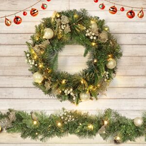 asteroutdoor artificial 24in christmas wreath and 9ft holiday garland for stairs, indoor/outdoor wreath and garland combo, decorated with pine cones leaves ball ornaments