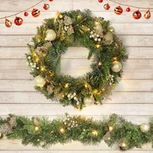 ASTEROUTDOOR Artificial 24in Christmas Wreath and 9ft Holiday Garland for Stairs, Indoor/Outdoor Wreath and Garland Combo, Decorated with Pine Cones Leaves Ball Ornaments