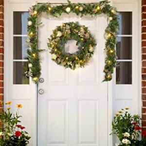 ASTEROUTDOOR Artificial 24in Christmas Wreath and 9ft Holiday Garland for Stairs, Indoor/Outdoor Wreath and Garland Combo, Decorated with Pine Cones Leaves Ball Ornaments