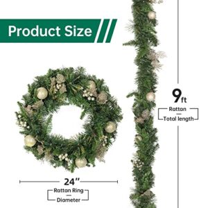 ASTEROUTDOOR Artificial 24in Christmas Wreath and 9ft Holiday Garland for Stairs, Indoor/Outdoor Wreath and Garland Combo, Decorated with Pine Cones Leaves Ball Ornaments