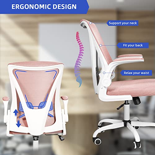 MUZII Task Chair with Arms, Ergonomic Mesh Office Chair, Computer Desk Chair Swivel Office Chair with Flip-up Arms and Adjustable Lumbar Support, Pink