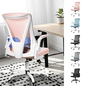 muzii task chair with arms, ergonomic mesh office chair, computer desk chair swivel office chair with flip-up arms and adjustable lumbar support, pink