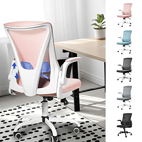 MUZII Task Chair with Arms, Ergonomic Mesh Office Chair, Computer Desk Chair Swivel Office Chair with Flip-up Arms and Adjustable Lumbar Support, Pink