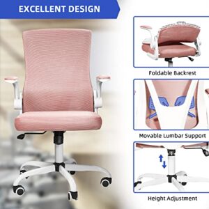 MUZII Task Chair with Arms, Ergonomic Mesh Office Chair, Computer Desk Chair Swivel Office Chair with Flip-up Arms and Adjustable Lumbar Support, Pink