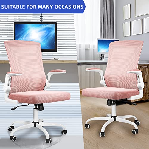 MUZII Task Chair with Arms, Ergonomic Mesh Office Chair, Computer Desk Chair Swivel Office Chair with Flip-up Arms and Adjustable Lumbar Support, Pink