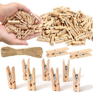 1.35 Inch Mini Clothes Pins for Photo【100 Pcs】 with 32 Feet Jute Twine，Mini Clothes Pins for Crafts,Wooden Small Clothes Pins for Pictures,Tiny Decorative Clothespins for Baby Shower(Natural Color)