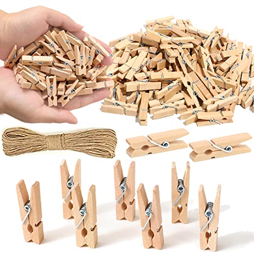 1.35 Inch Mini Clothes Pins for Photo【100 Pcs】 with 32 Feet Jute Twine，Mini Clothes Pins for Crafts,Wooden Small Clothes Pins for Pictures,Tiny Decorative Clothespins for Baby Shower(Natural Color)