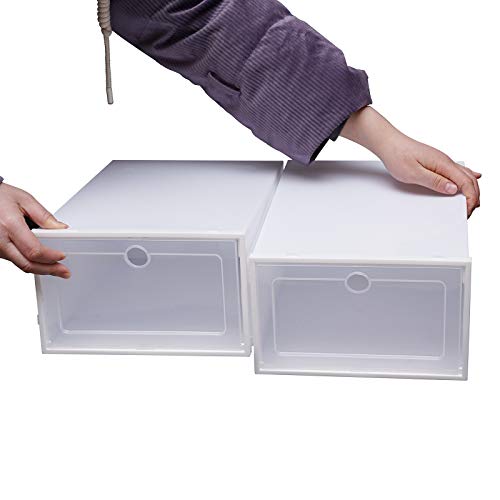 20/24 PCS Shoe Storage Boxes - Stackable Shoe Organizer, Foldable Shoe Display Box with Front Opening Lids Clear Platic Shoe Container Boxes for Closet Bedroom Bathroom 13"x 9"x 5.5" White (20pcs)