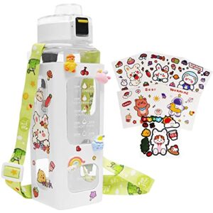 fanovo kawaii water bottle for girls, kawaii water bottle with time marker, cute kids water bottles with straw, square drinking portable leakproof aesthetic water jug for school (white-30 oz/ 900ml)