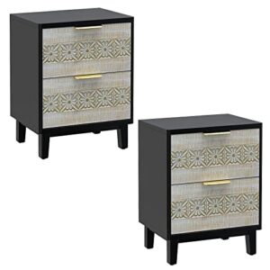 aoikax farmhouse 2-drawer nightstand,set of 2 french countrynightstands, fully assemble, hand-carved flower pattern front accent nightstands for bedroom/living room. natural and black.