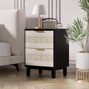 Aoikax Farmhouse 2-Drawer nightstand,Set of 2 French Countrynightstands, Fully Assemble, Hand-Carved Flower Pattern Front Accent nightstands for Bedroom/Living Room. Natural and Black.