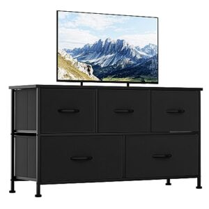 jummico fabric dresser for bedroom, tall wide dresser with 5 drawers, storage tower with fabric bins, dresser fabric box steel frame, wood top drawer chest tv stand for closet, living room (black)