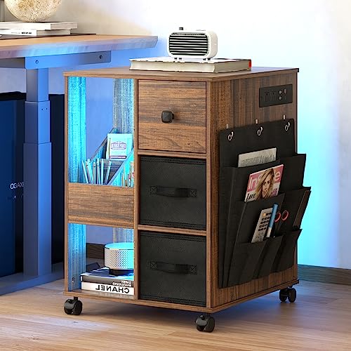 dnbss Nightstand with Charging Station, LED Nightstand with Drawers, Smart Nightstand with USB Ports, Modern Night Stand Bedside Table with Storage Shelves for Living Room, Bedroom, Brown