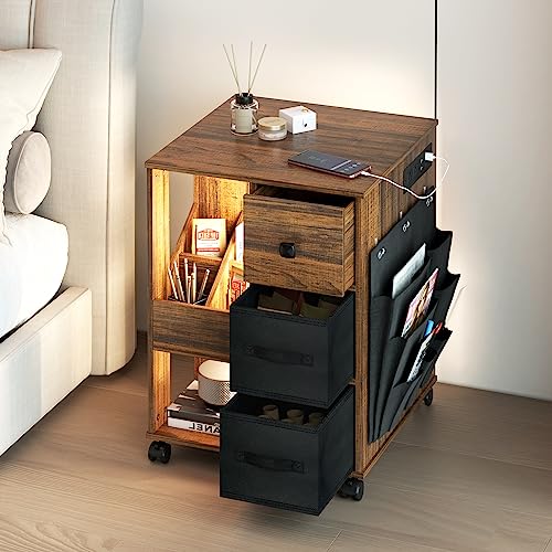 dnbss Nightstand with Charging Station, LED Nightstand with Drawers, Smart Nightstand with USB Ports, Modern Night Stand Bedside Table with Storage Shelves for Living Room, Bedroom, Brown