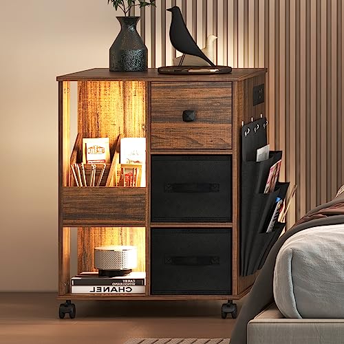 dnbss Nightstand with Charging Station, LED Nightstand with Drawers, Smart Nightstand with USB Ports, Modern Night Stand Bedside Table with Storage Shelves for Living Room, Bedroom, Brown