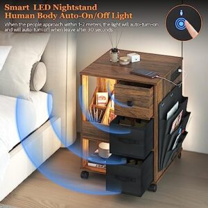 dnbss Nightstand with Charging Station, LED Nightstand with Drawers, Smart Nightstand with USB Ports, Modern Night Stand Bedside Table with Storage Shelves for Living Room, Bedroom, Brown