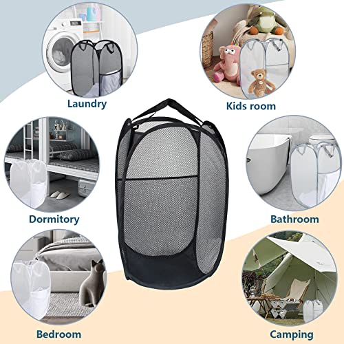 DEDU 3 Pack Pop-Up Laundry Hamper Large Foldable, Portable Mesh Laundry Basket with Handles and Side Pocket, Popup Laundry Bags Extra Large Heavy Duty for Travel and College Dorm (Black-White-Gray)