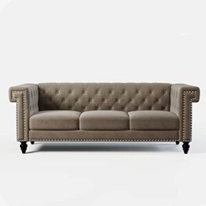 merax 82.75" traditional chesterfield couch velvet button tufted 3-seater sofa with key arms,nailhead for living room bedroom brown love seats