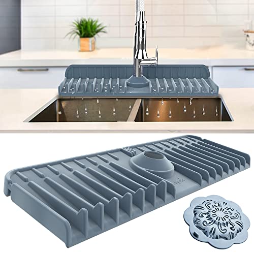 Kitchen Sink Splash Guard 17.56“ Longer, Splash Guard for Sink, Kitchen Faucet Splash Guard, Fully Wrapped, Silicone Faucet Handle Drip Catcher Tray, Sink Protectors Faucet Mat for Kitchen Bathroom