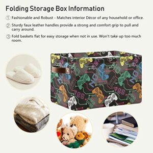 Joysticks Gamepad Grunge Fabric Storage Bin for Organizing Basket for Shelves Closet Nursery Toy Collapsible Storage Cubes Box with Leather Handle