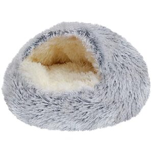 deblue soft cat beds for indoor cats, round fluffy warm cat beds with hooded cover, washable calming cozy plush pet bed for anxiety cats and puppies - dia 18"