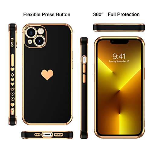 BENTOBEN iPhone 13 Slim Case, Sparkly Heart Design, Shockproof TPU Bumper, Drop Protection, 6.1", Black/Gold