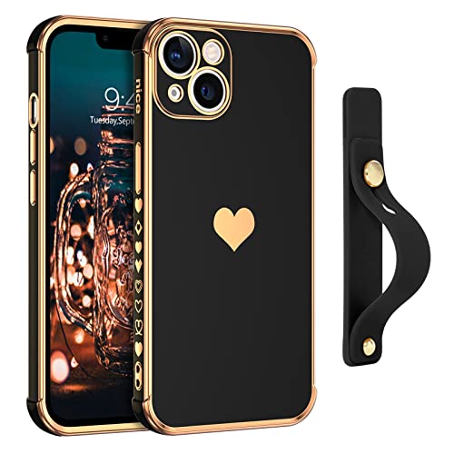 BENTOBEN iPhone 13 Slim Case, Sparkly Heart Design, Shockproof TPU Bumper, Drop Protection, 6.1", Black/Gold