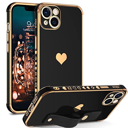 BENTOBEN iPhone 13 Slim Case, Sparkly Heart Design, Shockproof TPU Bumper, Drop Protection, 6.1", Black/Gold