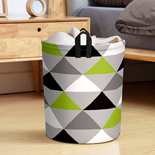 Waterproof Foldable Laundry Hamper with Handles Lime Green Black White Triangles On Light Gray Round Dirty Clothes Laundry Basket Storage Bin Organizer for Toy Collection