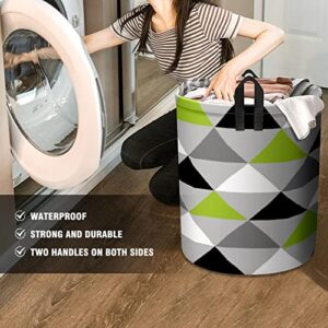 Waterproof Foldable Laundry Hamper with Handles Lime Green Black White Triangles On Light Gray Round Dirty Clothes Laundry Basket Storage Bin Organizer for Toy Collection