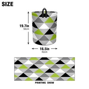 Waterproof Foldable Laundry Hamper with Handles Lime Green Black White Triangles On Light Gray Round Dirty Clothes Laundry Basket Storage Bin Organizer for Toy Collection