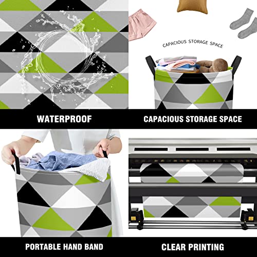 Waterproof Foldable Laundry Hamper with Handles Lime Green Black White Triangles On Light Gray Round Dirty Clothes Laundry Basket Storage Bin Organizer for Toy Collection