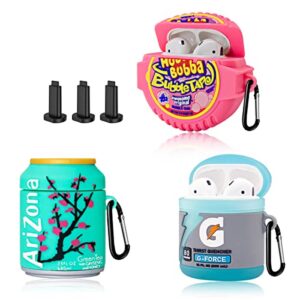 3-pack cute airpods case for airpod 2/1, kawaii 3d cartoon funny airpods cover food design fashion silicone case for airpods 1&2 charging case for girls boys kids (sport water+bubble gum+green drinks)