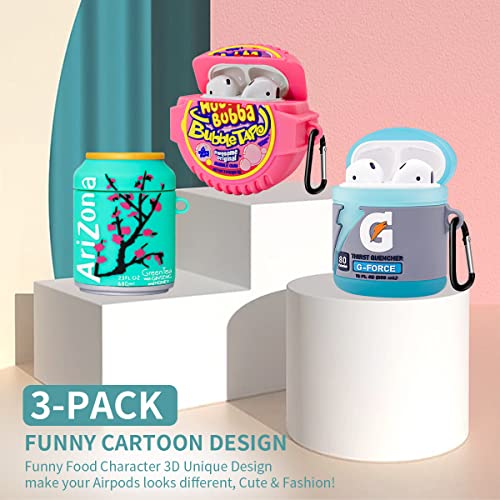 3-Pack Cute Airpods Case for Airpod 2/1, Kawaii 3D Cartoon Funny Airpods Cover Food Design Fashion Silicone Case for Airpods 1&2 Charging Case for Girls Boys Kids (Sport Water+Bubble Gum+Green Drinks)