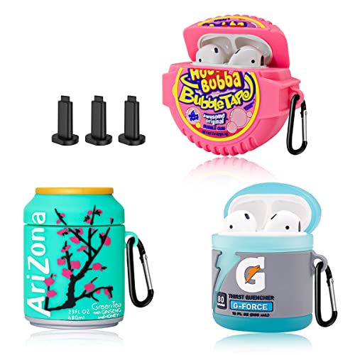 3-Pack Cute Airpods Case for Airpod 2/1, Kawaii 3D Cartoon Funny Airpods Cover Food Design Fashion Silicone Case for Airpods 1&2 Charging Case for Girls Boys Kids (Sport Water+Bubble Gum+Green Drinks)