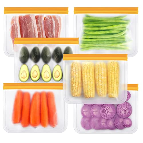 Reusable Food Storage Bags 6 Pack Quart Size Bags Reusable Food Container for Meat Fruit Sandwich & Snack, BPA Free Food Grade, Leakproof Resealable for Lunch & Fridge Organizer