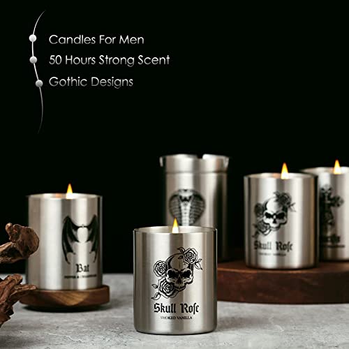 MASPRIV Gothic Scented Candle for Men - Rich Manly Scents, 50+ Hours Burn Time, Stainless Steel Tin with Popular Designs. Ideal Gift for Him