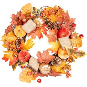 asteroutdoor 22" fall wreath artificial wreath, autumn maple leaf berry pumpkin pinecone harvest wreath for front door home decor thanksgiving christmas decorations