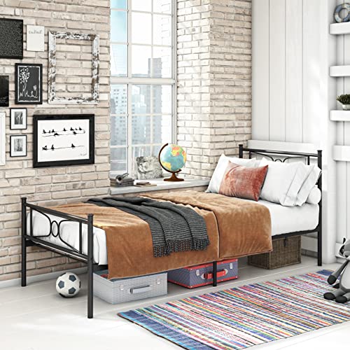 Bed for Boys/Teen Twin Bed Frames No Box Spring Need Twin Beds Mattress Foundation with Headboard Single Metal Platform Bed Frame,Black