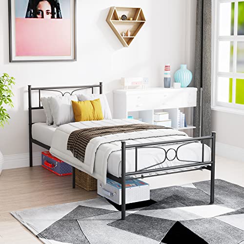 Bed for Boys/Teen Twin Bed Frames No Box Spring Need Twin Beds Mattress Foundation with Headboard Single Metal Platform Bed Frame,Black