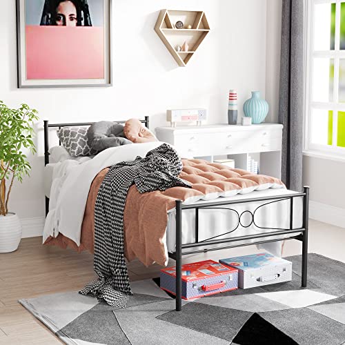 Bed for Boys/Teen Twin Bed Frames No Box Spring Need Twin Beds Mattress Foundation with Headboard Single Metal Platform Bed Frame,Black