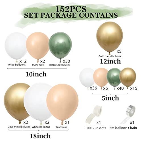 152PCS Sage Green Balloon Garland Arch Kit Green and Gold Balloon Garland Kit Retro Green and White Latex Balloons Set for Wedding Birthday Party Baby Shower Decoration