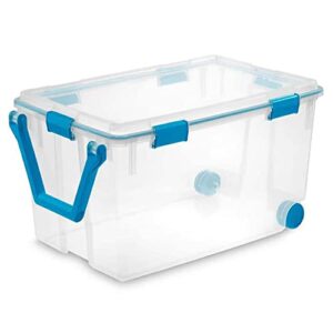 sterilite 120 quart clear plastic wheeled storage container box bin with air tight gasket seal latching clear lid long term organizing solution