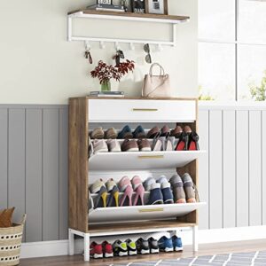 Tribesigns Shoe Cabinet 16 Pairs, Modern Slim 3 Flip Drawers Shoes Rack Storage Organizer with Coat Shelf, White Sneaker Holder Stand with Doors Thin Tipping Shoe Storage Cabinet for Entryway, Hallway