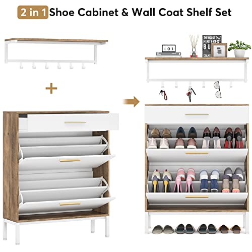 Tribesigns Shoe Cabinet 16 Pairs, Modern Slim 3 Flip Drawers Shoes Rack Storage Organizer with Coat Shelf, White Sneaker Holder Stand with Doors Thin Tipping Shoe Storage Cabinet for Entryway, Hallway